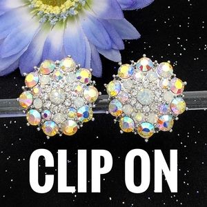 AB Iridescent Rhinestone Clip On Earrings